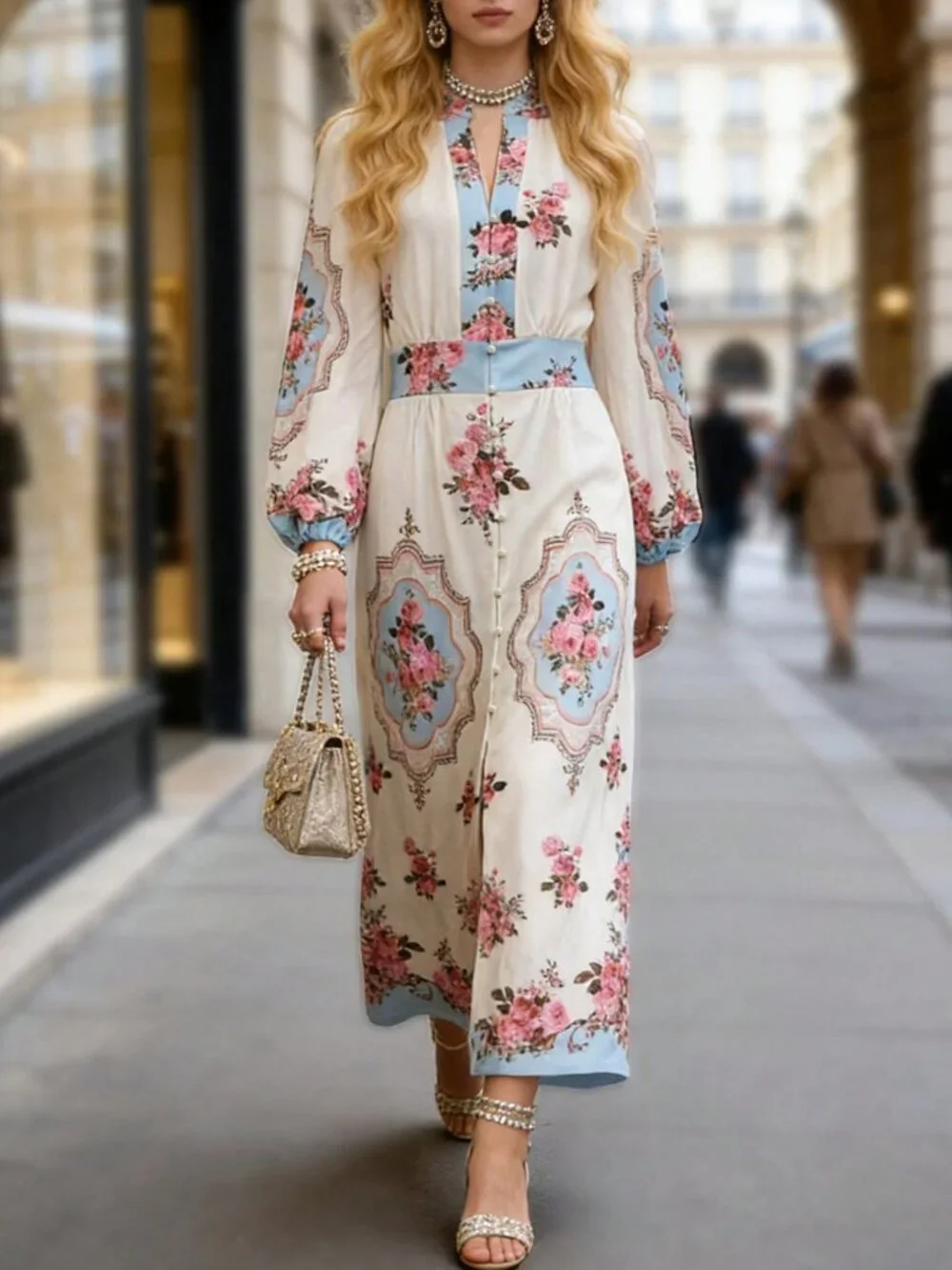 Beige Elegant Women's Print V-Neck Waist Cinched Long Dress